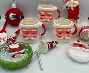 lot 10 image: 3 Vintage Ceramic Japan Santa Mugs and 8 Santa Ornaments