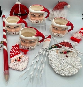 lot 11 image: 4 Vintage Ceramic Santa Mugs 7 Santa Ornaments and Mini Santa Purse