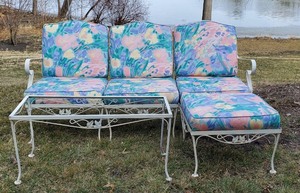 lot 42 image: Vintage Mid Century Outdoor Couch with Ottoman and Coffee Table