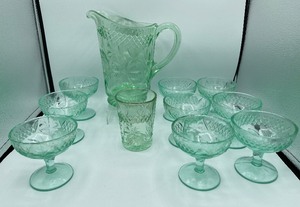 lot 52 image: Depression Glass Diamond Bank and Floral Pitcher, 9 Dessert Glasses and 1 Tumbler