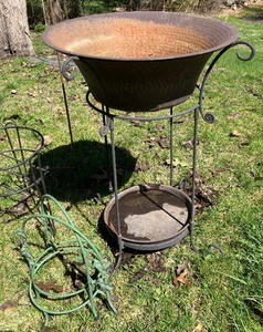 lot 28 image: Copper pot bird bath or planter, metal holders lot