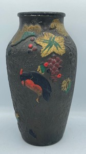 lot 95 image: Antique Indiana Glass Goofus Glass Flower Vase Bird and Grapes c.1919