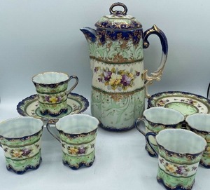 lot 103 image: Nippon Hand Painted Moriage Hot Chocolate  Coffee Pot, Cups & Saucers