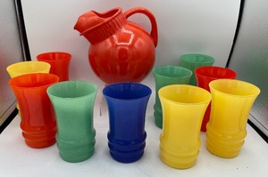 lot 107 image: 1940s Anchor Hocking Fired on Glass Ball Pitcher & Juice Glasses