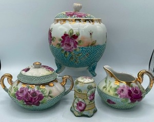 lot 54 image: 1890s Antique Nippon Cabbage Rose Moriage Bead Biscuit Jar Sugar Bowl Creamer and Shaker