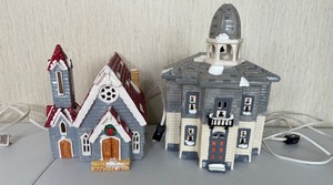 lot 134 image: Vintage Dept. 56 Village Church & Yuletide School House Lighted