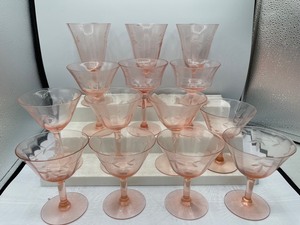 lot 152 image: 14 Vintage Pink Wine Dessert Glasses Etched Optic 4 Sizes