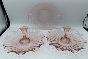 lot 155 image: 2 Vintage Pink Depression Glass Candy Nut Dishes with Fluted Edges