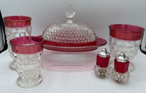 lot 160 image: LOT Vintage Indiana Diamond Point Ruby Red Flash Crystal Butterdish, Glasses, Salt & Pepper Shakers