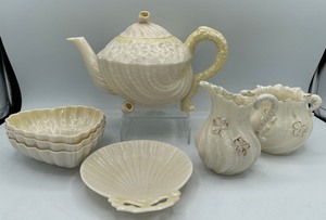 lot 162 image: Belleek Irish Porcelain Shell Teapot, Cream and Sugar