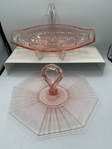 lot 167 image: Vintage Pink Depression Glass Octagonal Floral Etched Tidbit Tray and Celery Dish