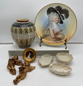 lot 184 image: 10.5 Platter Empire China wBrass Plate Holder, The orient Inc 7.5 Vase