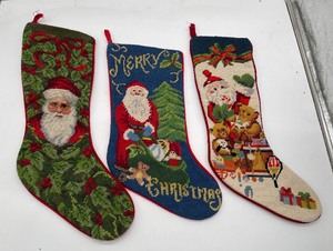 lot 195 image: 3 Vintage Needlepoint Christmas Stockings