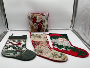 lot 199 image: 3 Needlepoint Christmas Stocking and Pillow