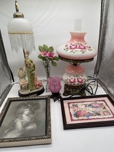 lot 201 image: Rose Hurricane Lamp & Small Lamp wShade  Vase wPorcelain Roses