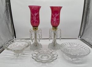 lot 244 image: LOT Vintage Etched Cranberry Glass Lamps  Crystal Bowl