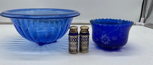 lot 249 image: Cobalt Blue LOT Hazel Atlas Nesting Bowl, Vtg Royal Bohemian Bowl and Salt & Pepper