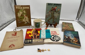 lot 251 image: Vintage Boy Scout LOT Books Pins Cups
