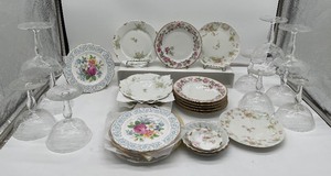 lot 252 image: LOT China Dessert Plates and Champagne Etched Glasses