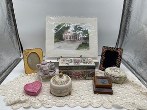 lot 254 image: Mixed LOT Music Boxs, Trinket Boxs, Crocheted Runner, Watercolor by Beth Tostenson, Miniature Tea Set