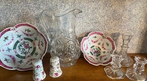 lot 235 image: Set of Two ACF Pink and Green Oriental Lotus Bowls Hong Kong with Crystal Water Pitcher