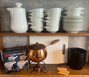 lot 237 image: MCM Mid Century Vibe Entertaining Lot Copper Fondue Pot Noritake Coffee Pot