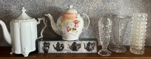 lot 232 image: Teapots, Pewter Teapot place card holders and vases