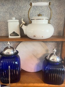 lot 240 image: Cobalt Blue Canisters, Marble Cutting Board, Enamel Teapot