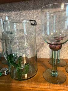 lot 272 image: Blown Glass Margarita Pitcher, Cranberry and Aqua Glass Goblets and more