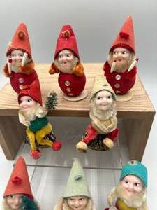 lot 275 image: Antique Christmas Elf Gnome Lot Japan sitting on Pinecones lot of 8