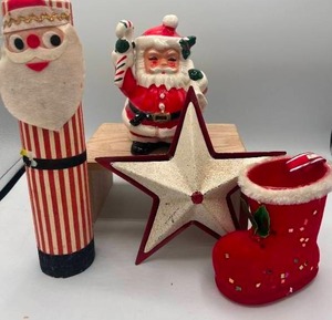 lot 276 image: Vintage Santa Christmas Planter, Cardboard Match Holder and Metal Tree Topper