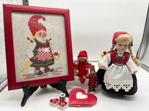 lot 293 image: Scandinavian Girls Dolls Lot with Needlepoint Framed Pictures