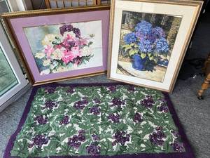 lot 332 image: Oversized Floral lPictures and Hooked Rug with Grapes