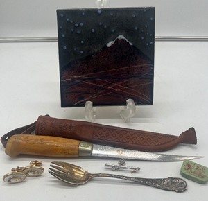 lot 370 image: J. Marttiini Finland Fish Knife 11 with leather sheath and fishing collectibles
