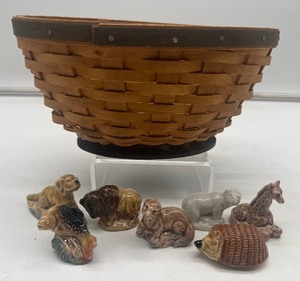 lot 378 image: Lot of Miniature Wade England pottery animals and small Longaberger basket