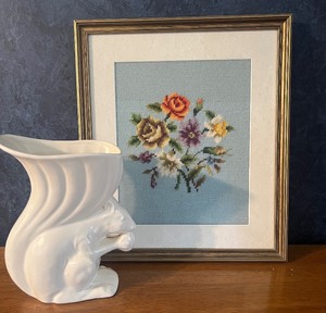 lot 218 image: Haeger Pottery Squirrel Vase and Needlepoint Framed Picture