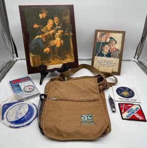 lot 269 image: Boy Scout LOT Decoupage, Award, Compasses, Knife, Coaster, Satchel and Badge