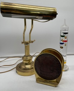 lot 315 image: Brass Desk Lamp, Globe Book Ends and Galileo Thermometer