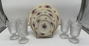 lot 382 image: 48 Piece Lenox Rose China and Five Cambridge Caprice Tumblers