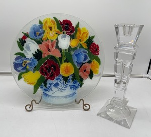 lot 410 image: Artist Signed Peggy Karr Floral Iris Floral Plate and Crystal Candle Holder