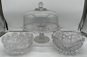 lot 323 image: Vintage Cut Glass Pedestal Cake Plate Stand and Two Cut Glass Bowls
