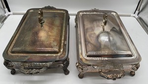lot 327 image: 2 Vintage Silver Plate Baking Serving Dishes and Ornate Legs and Handle