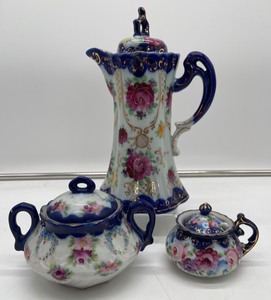lot 380 image: Antique Nippon Hand Painted ChocolateCoffee Pot , Sugar and Compote Jar