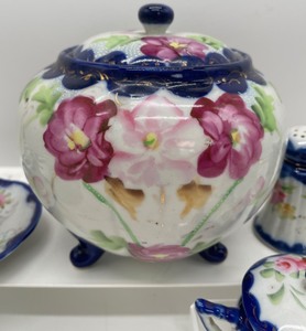 lot 383 image: Antique Nippon Hand Painted Floral BiscuitCookie Jar, Compote Jar and Salt and Pepper Shakers