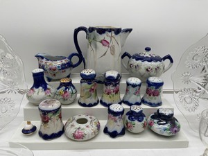 lot 387 image: Antique Nippon Pot, Sugar, Creamer, Shakers and Clear Glass
