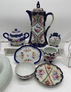 lot 389 image: Antique Nippon Hand Painted Chocolate Coffee Pot, Sugar Bowl, Vase, Plates and Clear Vase