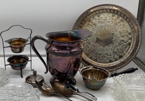 lot 400 image: Silver Plate Water Pitcher Handled Dish Silver and misc.
