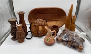 lot 404 image: Timmy Woods Carved Lion Head Purse, Wood Napkin Holders, Roseville Vase and Wood Decor Lot