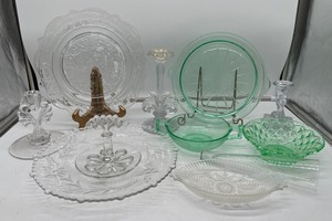 lot 406 image: Green Depression Glass,  Candlesticks and Tidbit Trays