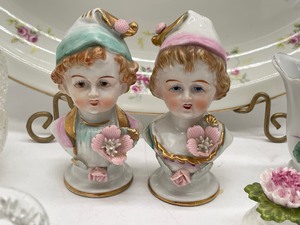 lot 407 image: Vintage UCAGCO Victorian Boy and Girl Salt and Pepper Shakers, Crystal Salad Bowl with Glass Spoon and Fork